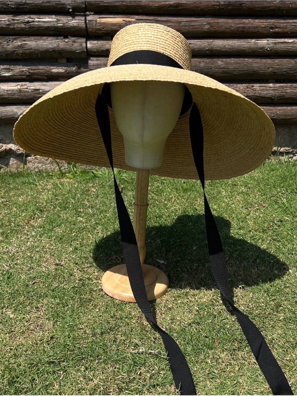 Straw Wide-Brim Sun Hat with Black Ribbon Tie